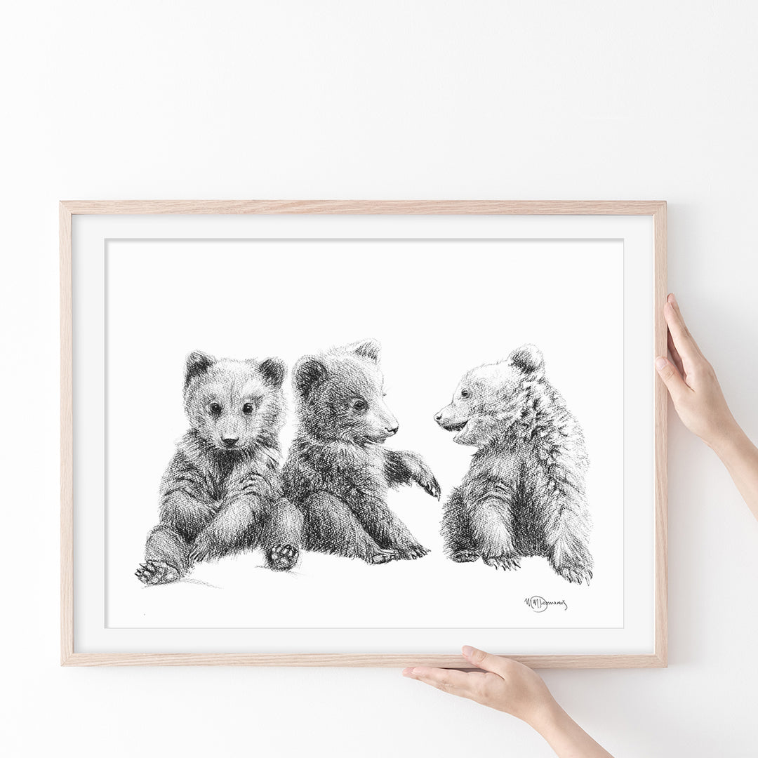 3 Brown Bear Cubs Illustration - "Social Animal" Collection