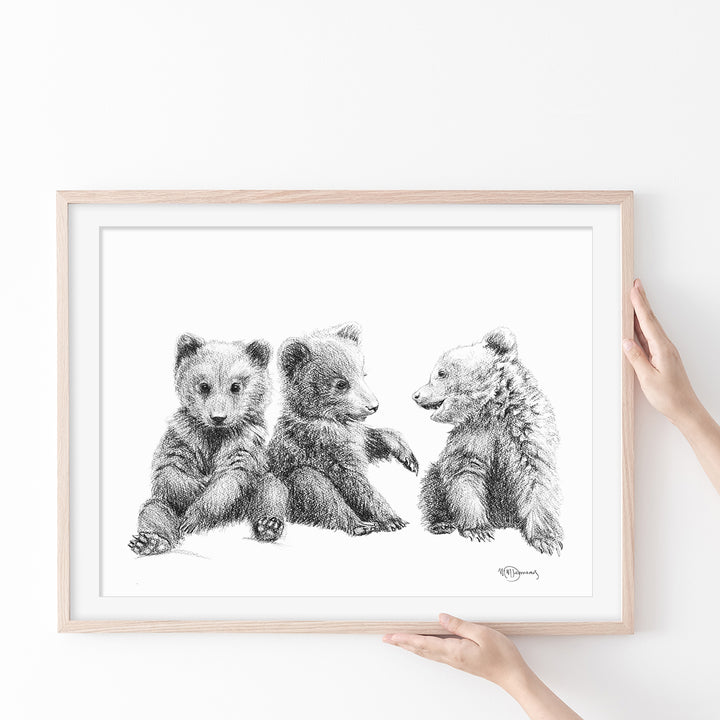 3 Brown Bear Cubs Illustration - "Social Animal" Collection