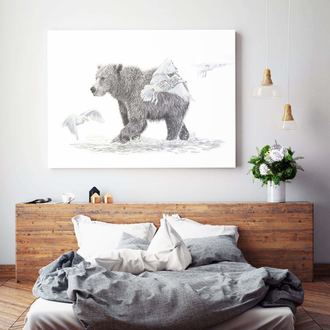 **SOLD- Original Artwork - Grizzly Bear Walking in water with birds - 36x60 - LE NID atelier