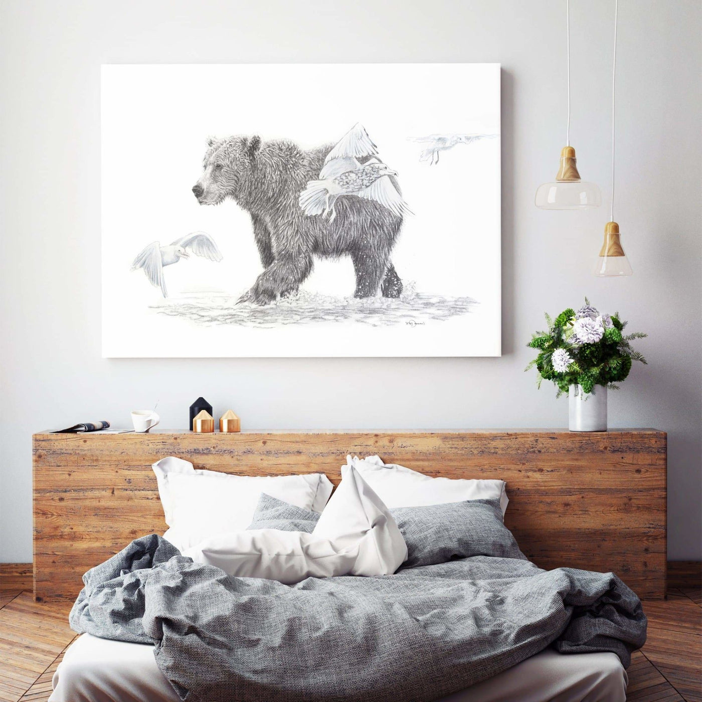 **SOLD- Original Artwork - Grizzly Bear Walking in water with birds - 36x60 - LE NID atelier