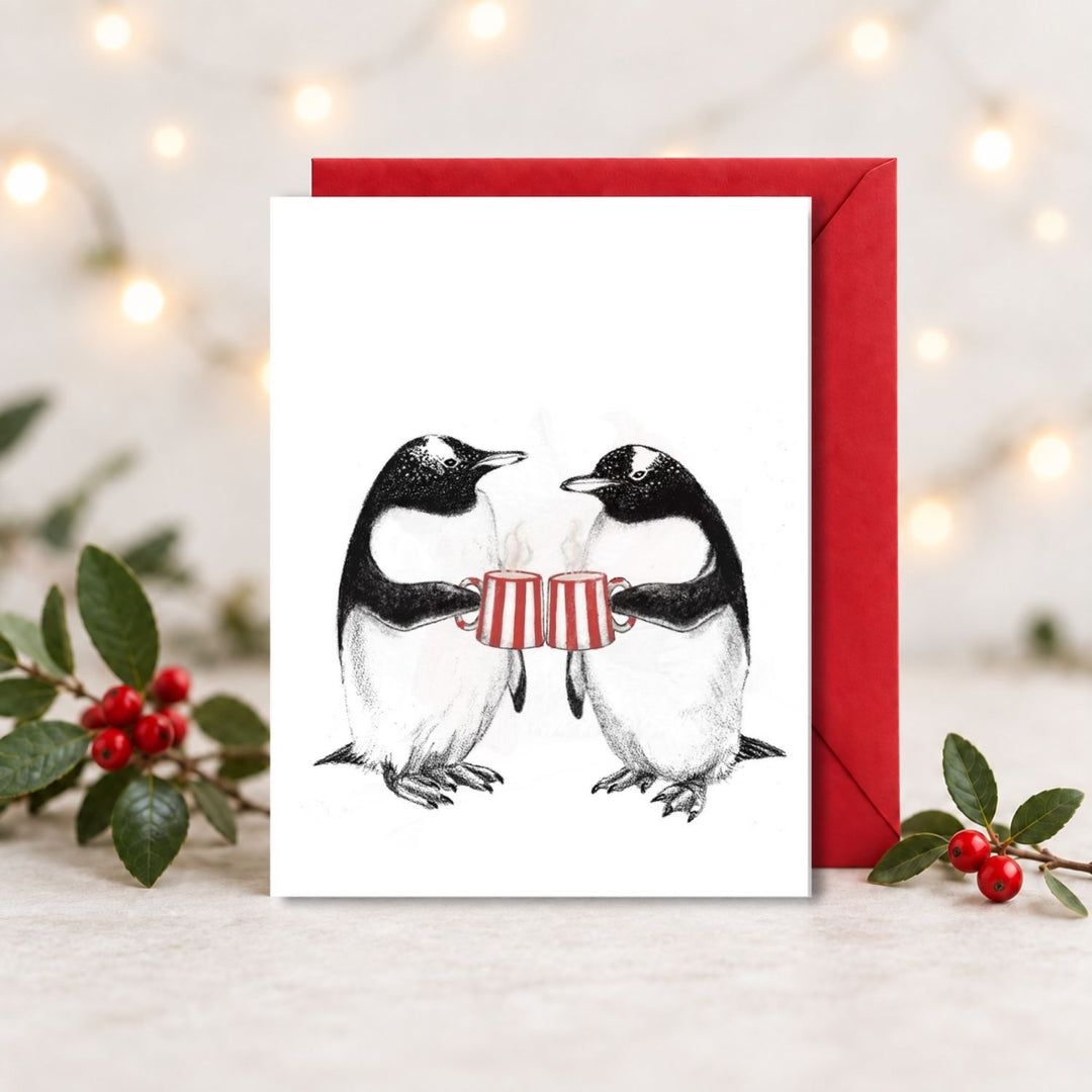 Penguins Sharing Coffee - Christmas Card