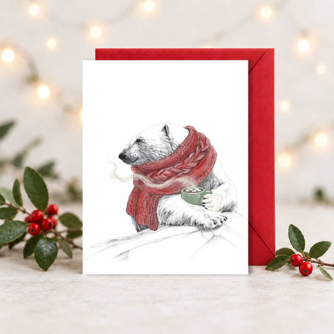 Polar Bear with Hot Chocolate - Christmas Card