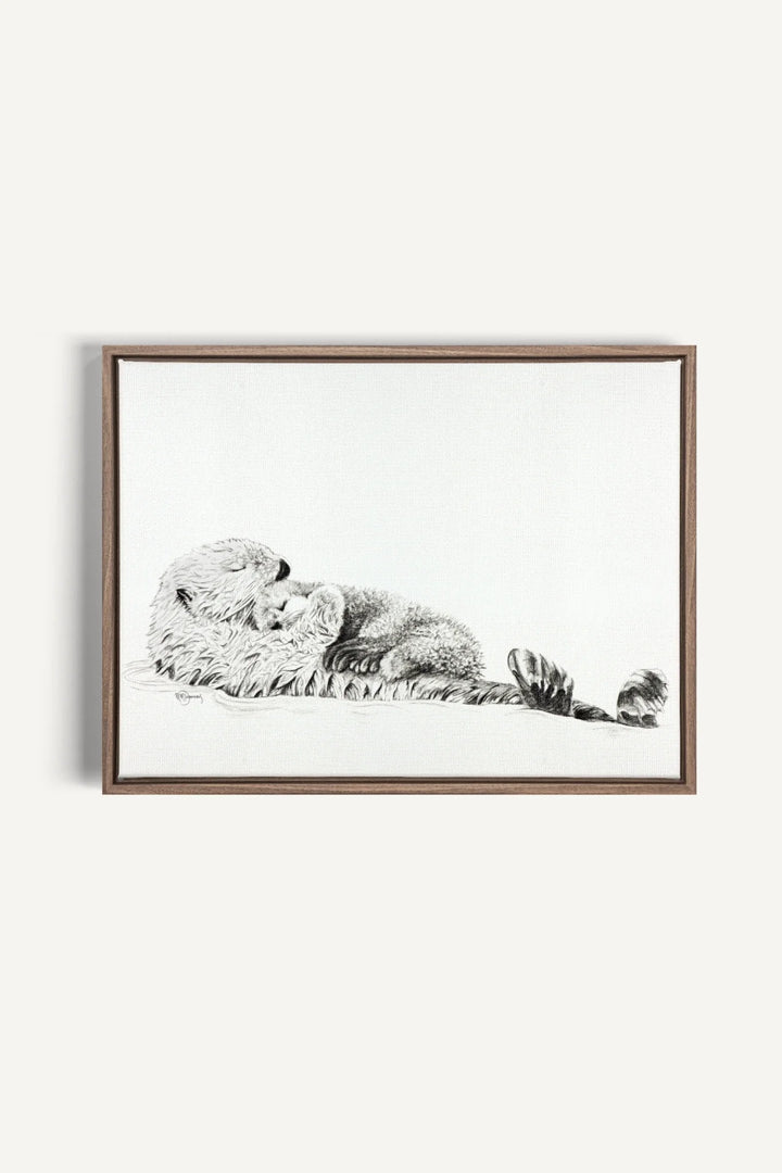 Adorable Sea Otter swimming with her Cub, canvas print