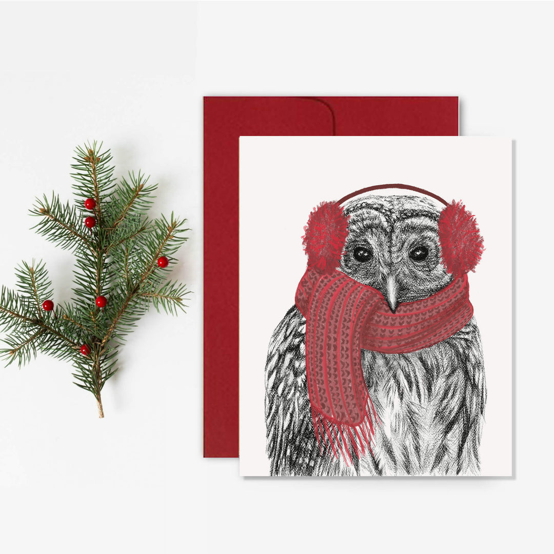 Barred Owl with scarf and ear muffs - Christmas greeting card - LE NID atelier