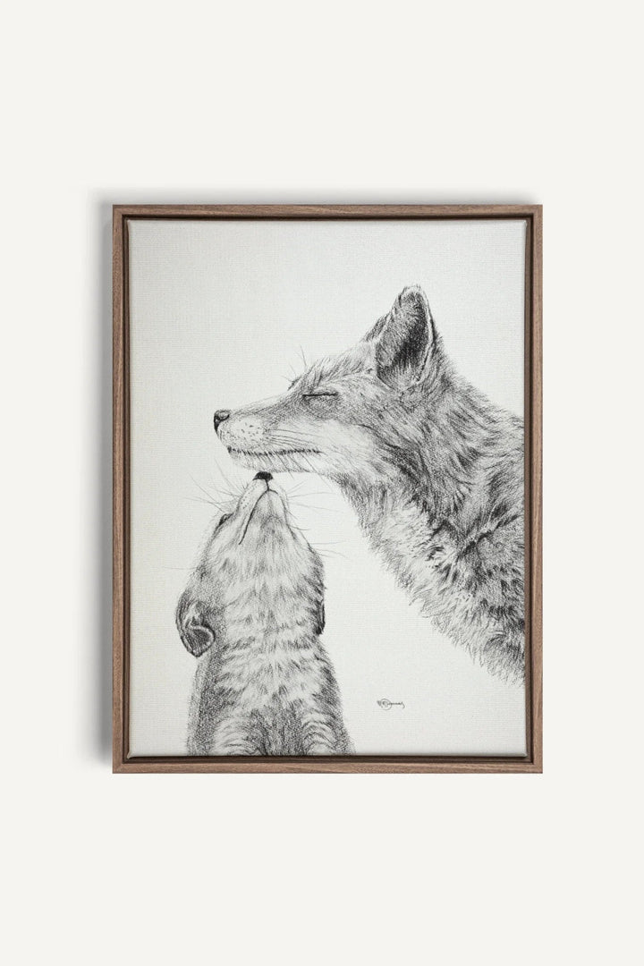 Mama Fox with baby Black and White, canvas print - LE NID atelier