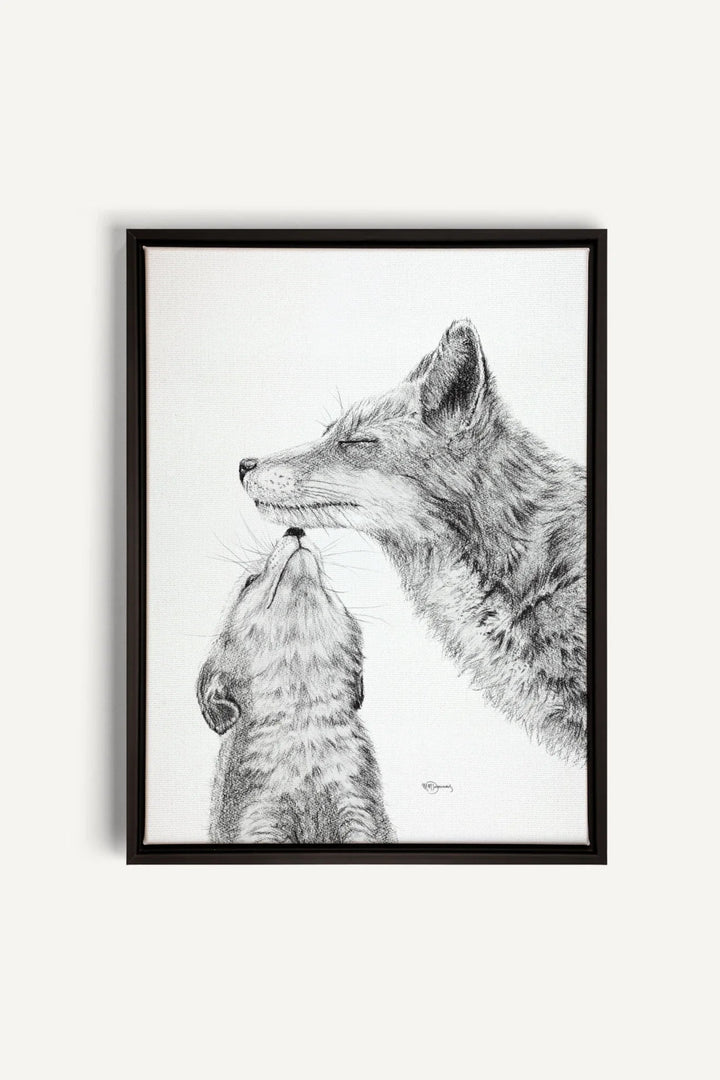 Mama Fox with baby Black and White, canvas print - LE NID atelier