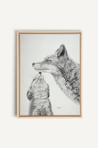 Mama Fox with baby Black and White, canvas print