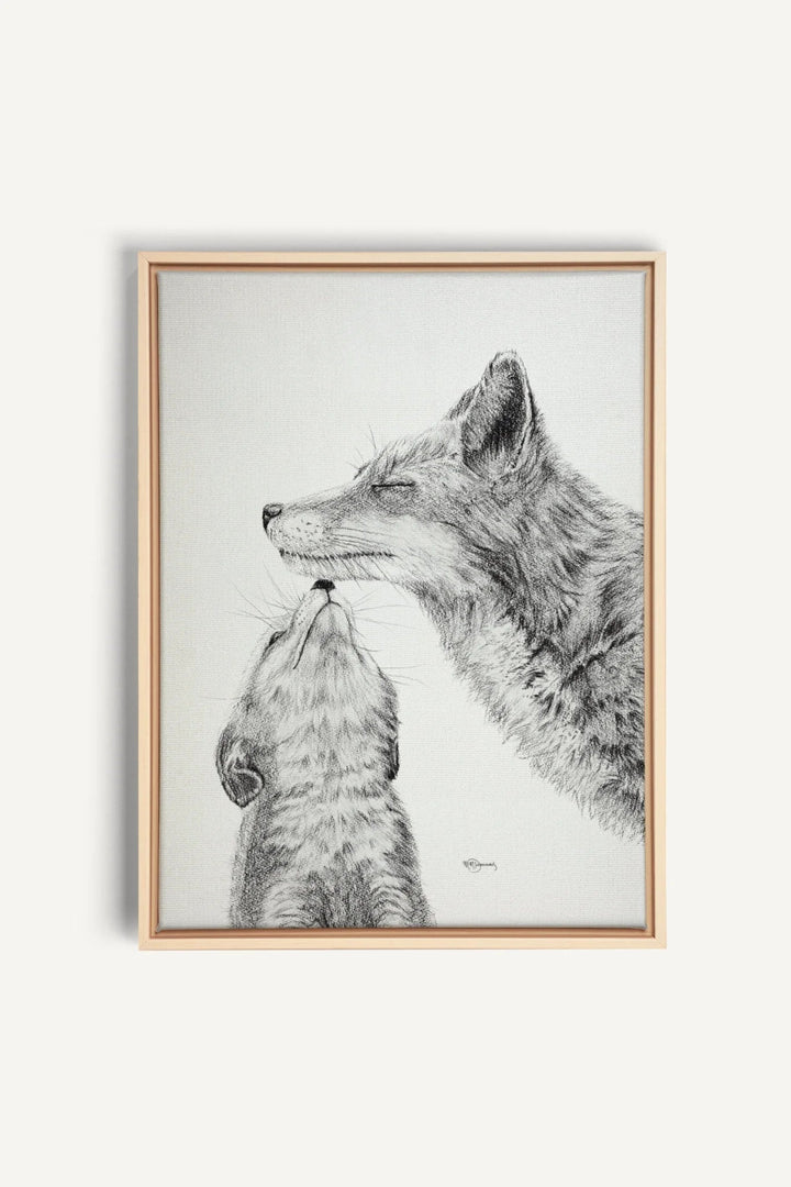 Mama Fox with baby Black and White, canvas print - LE NID atelier