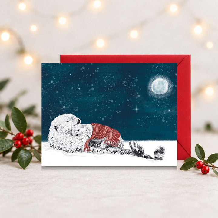 Sea Otter with cub - Starry Night - Christmas Greeting Card - LE NID atelier