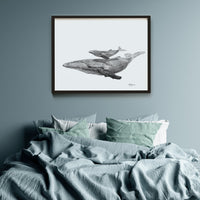 baleine avec son bébé -  affiche - Cadre déco animaux noir et blanc