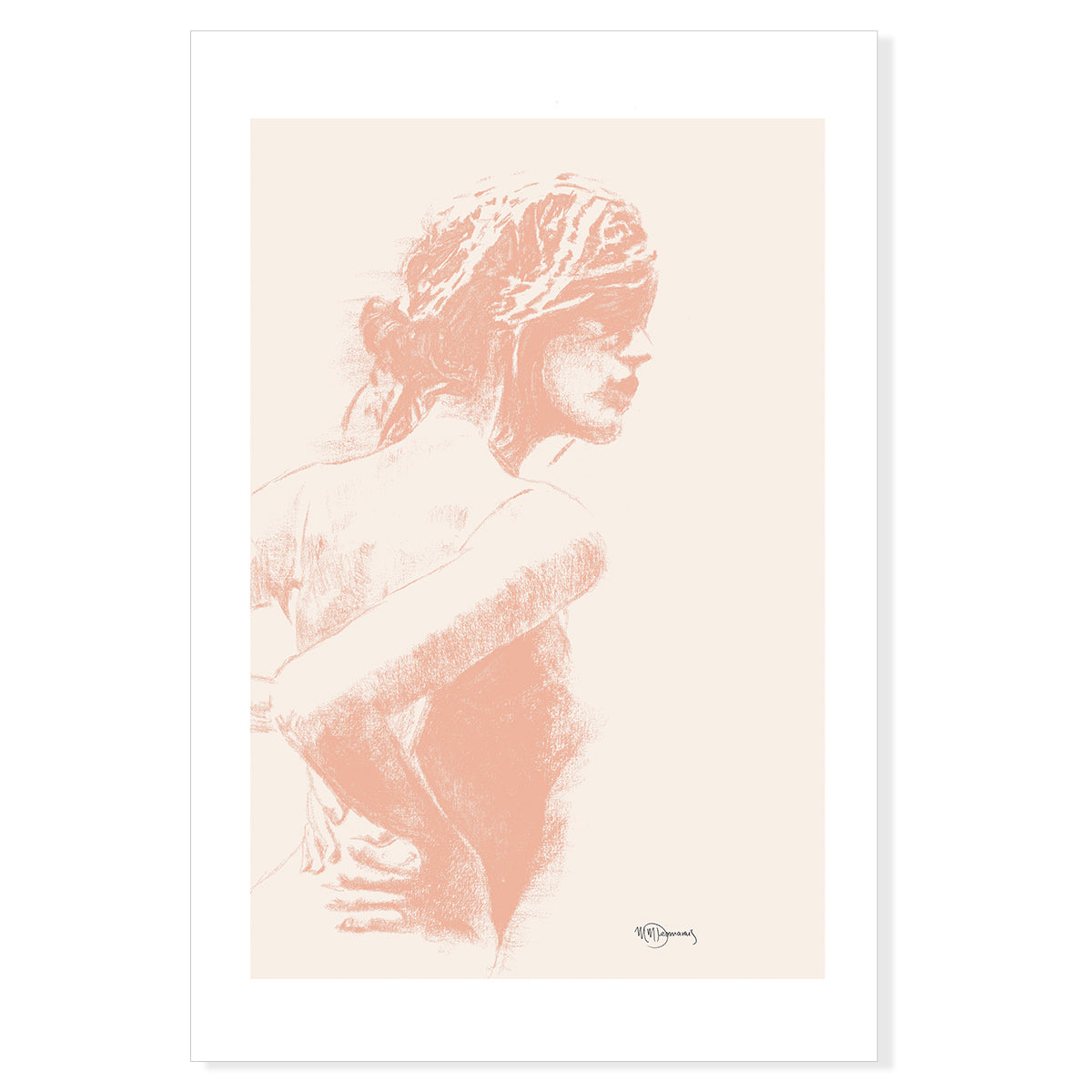 Figure Féminine au fusain- Illustration Abricot sur crème