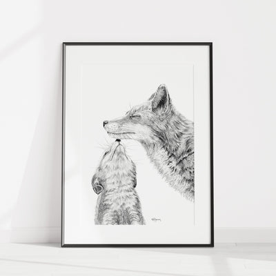 Mama Fox with baby - Black and White - LE NID atelier