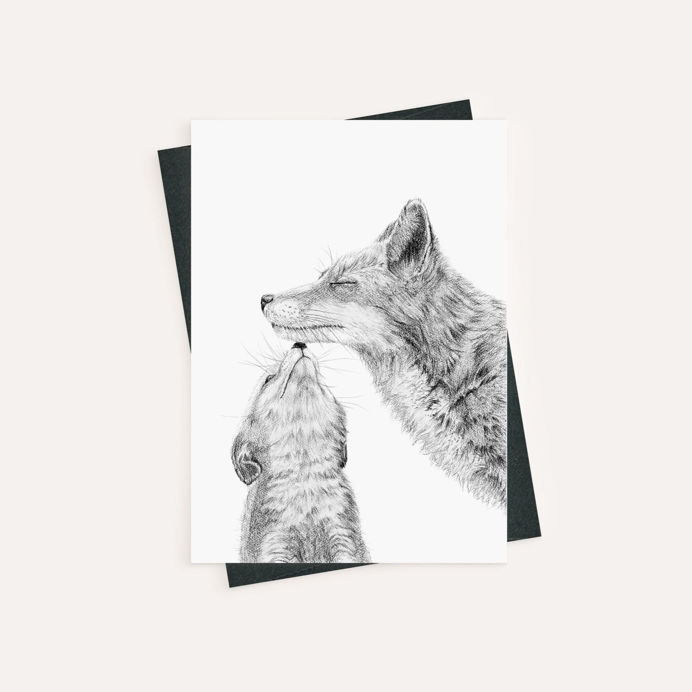 Mama fox with cub - kissing - Black and White - greeting card - LE NID atelier