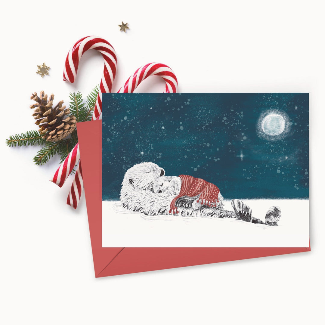 Mama Otter with baby- Starry Night - Christmas Greeting Card - LE NID atelier