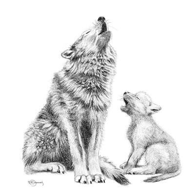 Vendu- Original Artwork of Wolf Howling with Cub Illustration - "Social Animal" Collection - LE NID atelier