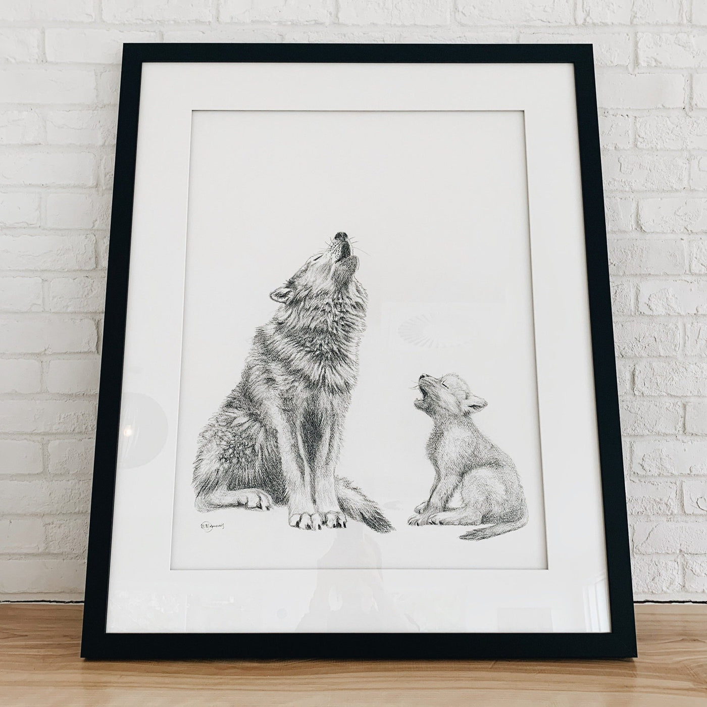Vendu- Original Artwork of Wolf Howling with Cub Illustration - "Social Animal" Collection - LE NID atelier