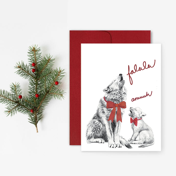 Wolf howling with cub signing FALALA - Christmas Greeting Card - LE NID atelier